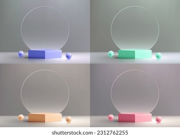 Set of 3D realistic empty podium stand with transparent glass circle backdrop decoration with balls on gray background modern minimal style. Use for product display presentation mockup, beauty