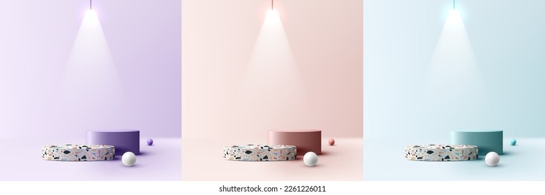 Set of 3D realistic empty studio room top of terrazzo surface white and cylinder podium stand decoration with sphere balls and bulb light on minimal wall scene purple, beige, green background. Product