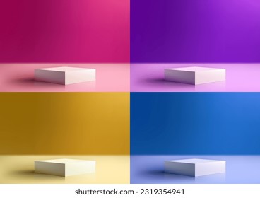 Set of 3D realistic empty white podium stand on bright colors background minimal style. Use for product presentation, cosmetic products display mockup, showcase, etc. Vector illustration