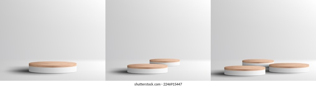 Set of 3D realistic empty wood grain top white podium pedestal on white background with lighting and shadow. You can use for product presentation, cosmetic display mockup, showcase, etc. Vector