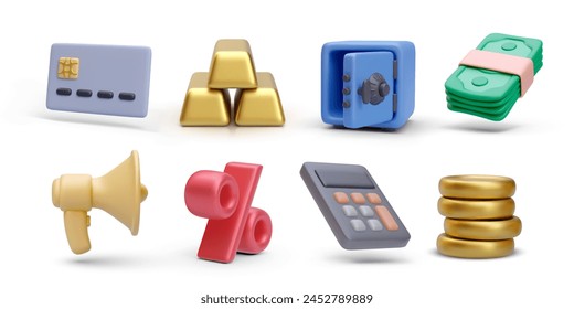 Set of 3d realistic finance vector icons isolated on white background. Credit card, gold bars, safe, money, megaphone, discount, calculator, coins