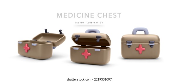 Set of 3d realistic first aid kit with shadow isolated on white background. Vector illustration