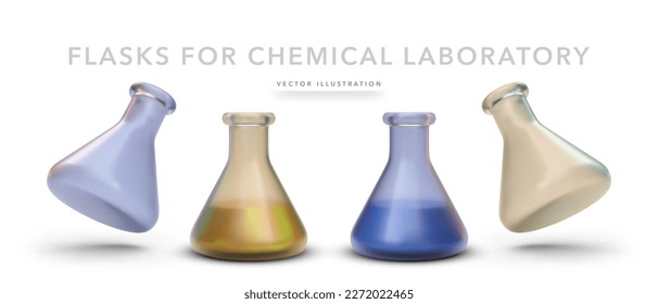 Conjunto de frascos 3d realistas para laboratorio químico con sombra aislada sobre fondo blanco. Ilustración del vector