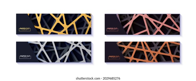 Set of 3d realistic flyers with cut out gold ,silver, copper and black color stripes entangled web. Vector collection of abstract luxury background in paper cut style origami template for presentation