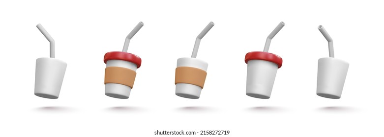 Set of 3d realistic flying white coffee cups isolated on white background. Vector illustration