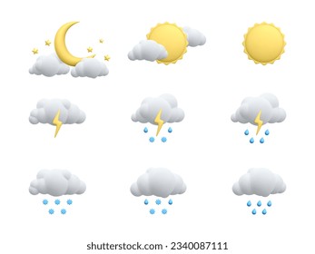 Set of 3d realistic forecast weather icons isolated on white background. Sun, moon, star, lightning, cloud, rain drops, snowflakes in cartoon style. Vector illustration