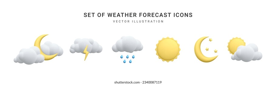 Set of 3d realistic forecast weather icons isolated on white background. Sun, moon, star, lightning, cloud, rain drops in cartoon style. Vector illustration