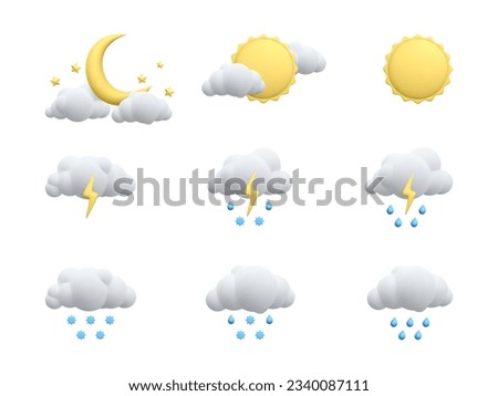 Set of 3d realistic forecast weather icons isolated on white background. Sun, moon, star, lightning, cloud, rain drops, snowflakes in cartoon style. Vector illustration