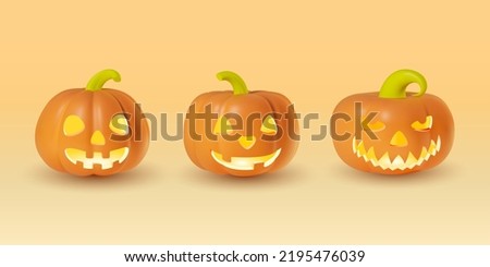 Set of 3D realistic funny smiling pumpkins with difficult faces and a green stalks. Illustration of a cute orange vegetables with inner glow. Isolated vector clipart for Helloween