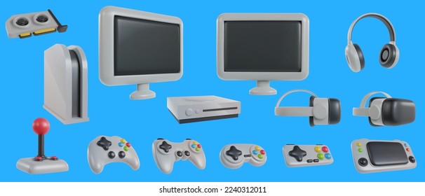 Set 3d realistic game devices in minimal funny cartoon style. Gamepad, console, vr headset, monitor, video card, headphone. Modern technology design element. Collection vector illustration or icon.