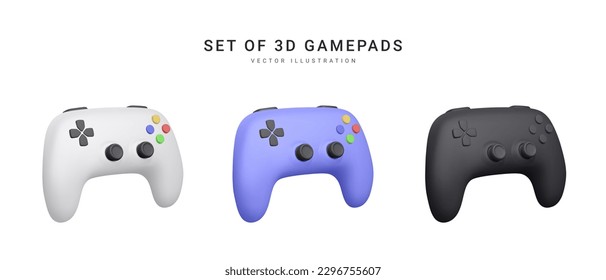 Set of 3d realistic gamepads isolated on white background. Video games concept. Vector illustration