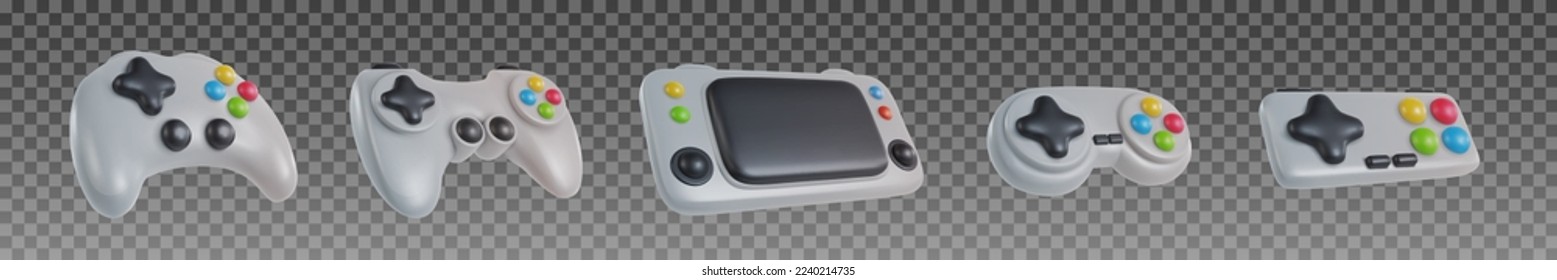 Set of 3d realistic gamepads in minimal funny cartoon style. Collection modern design element isolated on transparent background. Vector illustration or icon gamepad.