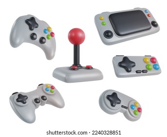 Set of 3d realistic gamepads in minimal funny cartoon style. Collection modern design element isolated on white background. Vector illustration or icon gamepad.