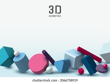 Set of 3D realistic geometric group object decoration on white room background with space for your text. Vector graphic illustration
