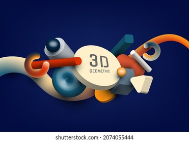 Set of 3D realistic geometric group object elements decoration on blue background with space for your text. Vector graphic illustration