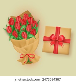 Conjunto de caja de regalo realista 3d con gran arco de seda y hermoso ramo de tulipanes rojos brillantes envueltos en papel artesanal y atados con una cinta. Caricatura tridimensional presente y flores para el saludo