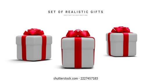 Set of 3d realistic gift boxes with redribbon isolated on white background. Surprise boxes. Vector illustration