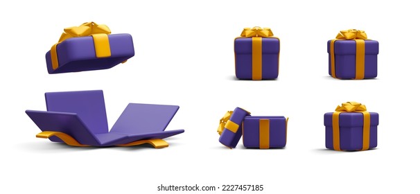 Set of 3d realistic gift boxes with gold ribbon isolated on white background. Surprise boxes. Vector illustration