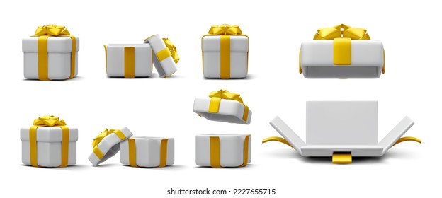 Set of 3d realistic gift boxes with gold ribbon isolated on white background. Surprise boxes. Vector illustration