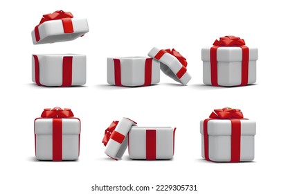 Set of 3d realistic gift boxes with red ribbon isolated on white background. Surprise boxes. Vector illustration