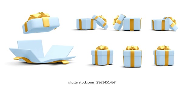 Set of 3d realistic gift boxes with gold ribbon isolated on white background. Surprise boxes. Vector illustration