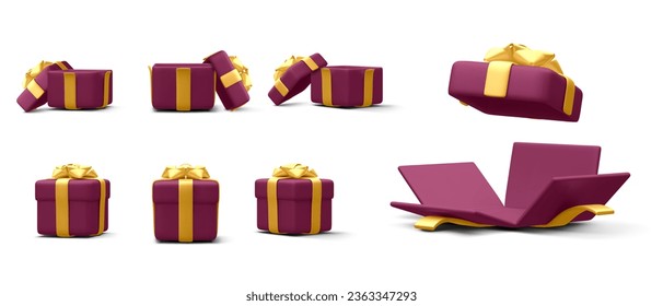 Set of 3d realistic gift boxes with gold ribbon isolated on white background. Surprise boxes. Vector illustration