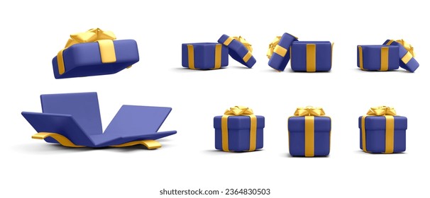 Set of 3d realistic gift boxes with gold ribbon isolated on white background. Surprise boxes. Vector illustration