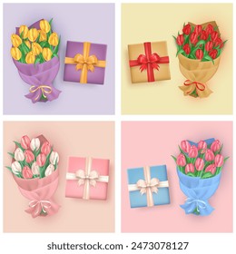 Conjunto de cajas de regalo realistas 3d con gran arco de seda y hermoso ramo de tulipanes coloridos envueltos en papel artesanal y atados con una cinta. Regalos de dibujos animados tridimensionales y flores para el saludo