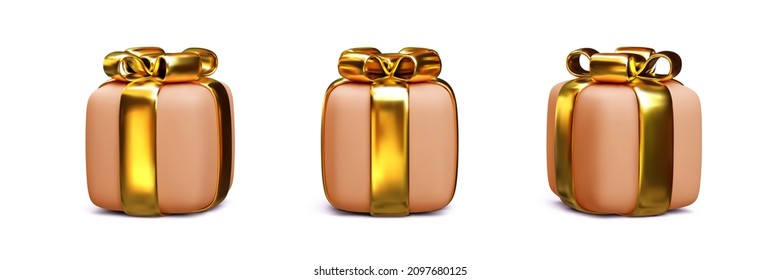 Set of 3d realistic gifts with gold ribbon isolated on white background. Vector illustration