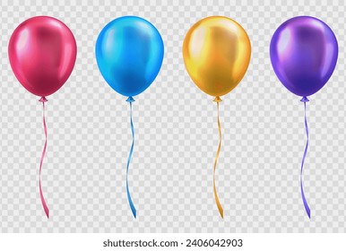 Set of 3d realistic glossy blue, pink, yellow and purple balloons with string on transparent background. Colorful three dimensional shiny helium balloons for party, birthday, anniversary, wedding