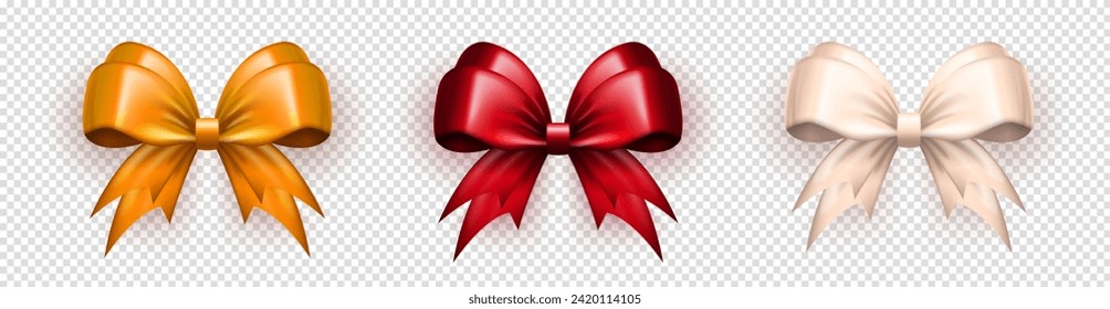 Set of 3d realistic glossy bows isolated on transparent background. Red, white and golden luxury gift ribbons as design element for greeting cards, present wrapping, celebration banner