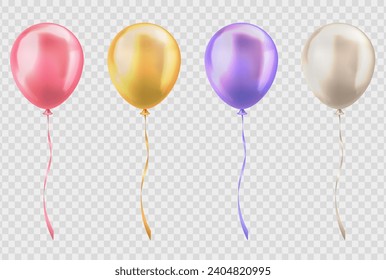 Set of 3d realistic glossy pastel yellow, pink, beige and purple balloons on transparent background. Various three dimensional helium balloons with ribbons for birthday, anniversary, party, wedding