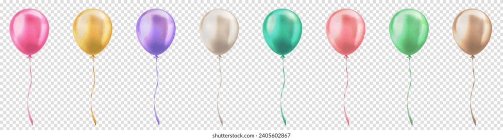 Set of 3d realistic glossy pastel colorful balloons on transparent background. Various multicolored three dimensional helium balloons with ribbons for birthday, anniversary, party, wedding