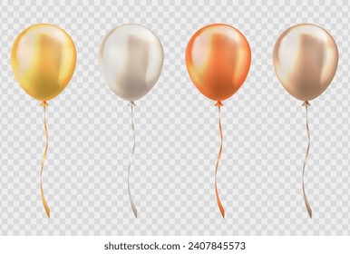 Set von 3D-realistischen, glänzend gelben, beigen, orangen und weißen Ballons auf transparentem Hintergrund. Goldene, dreidimensionale glänzende Heliumballons mit Saiten zum Geburtstag, Jahrestag, Feier, Hochzeit