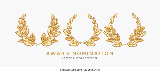 Set of 3d realistic gold laurel wreath winner award nominations isolated on white background. Award, prize, rewarding, nominating design elements. Vector illustration EPS10