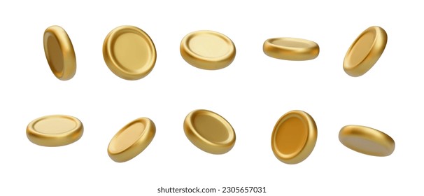 Set of 3d realistic golden coin in different angles isolated on white background. Vector illustration