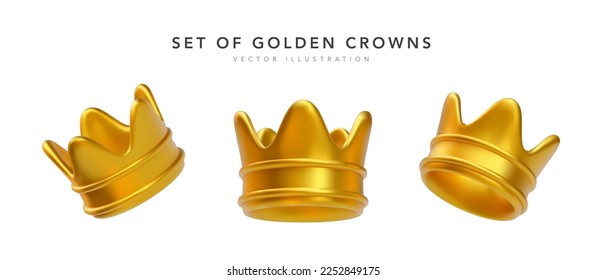 Conjunto de coronas de oro realistas en 3d aisladas sobre fondo blanco. Ilustración del vector
