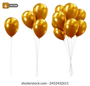 Set of 3d realistic golden glossy holiday balloons. Luxury inflatable shiny gold balloons flying in the air, decorations for birthday or other gala events. Vector illustration