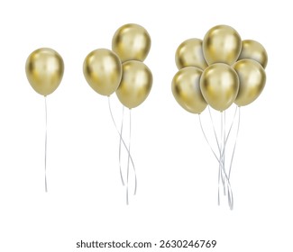 Set of 3d realistic golden glossy holiday balloons. Luxury inflatable shiny gold balloons flying in the air, decorations for birthday or other gala events. Vector illustration