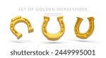 Set of 3d realistic golden horseshoes isolated on white background. Vector illustration