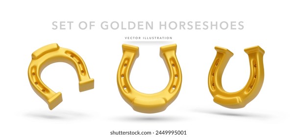 Set of 3d realistic golden horseshoes isolated on white background. Vector illustration