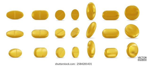 Set of 3d realistic golden pills isolated on white background. Gold Medical Pill, Capsule, Tablet, medicine drug Collection. 3D vector illustration.