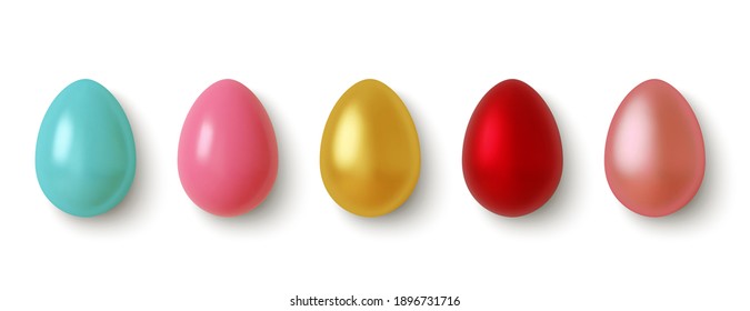 Set 3D realistic  golden  pink  blue   red Easter eggs isolated white background  Vector illustration
