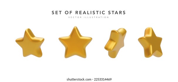 Set of 3d realistic golden stars isolated on white background. Vector illustration