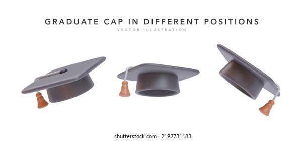 Set of 3d realistic graduate cap in different position isolated on white background. Vector illustration 