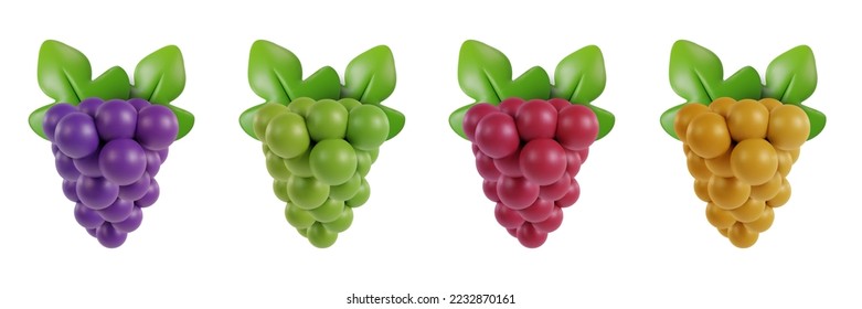 Set 3d realistic grape various color. Vector object in modern minimal cartoon glossy style. Collection sweet colorful illustration isolated on white background.