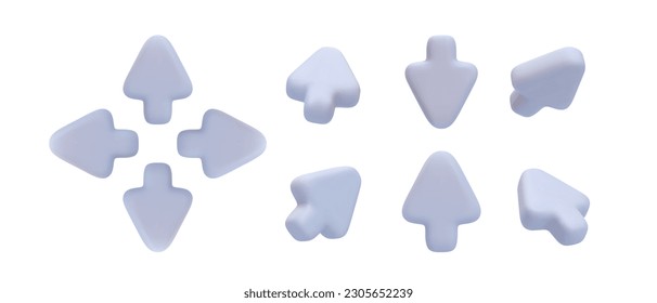 Conjunto de iconos de flecha gris 3d realistas aislados en fondo blanco. Ilustración del vector