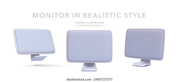 Conjunto de monitor de ordenador gris realista 3d aislado sobre fondo blanco. Ilustración vectorial