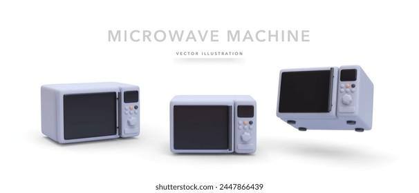 Set of 3d realistic gray microwave machine with shadow isolated on white background. Vector illustration