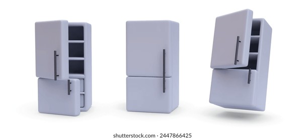 Set of 3d realistic gray refrigerator with shadow isolated on white background. Vector illustration